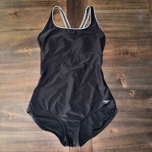 Black Speedo Swimsuit One Piece White Trim Cross back Size Large